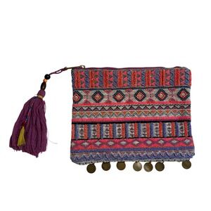 Merona Beaded Tribal Boho Clutch Bag Tassel Coin Charms Multicolor Pouch Pink